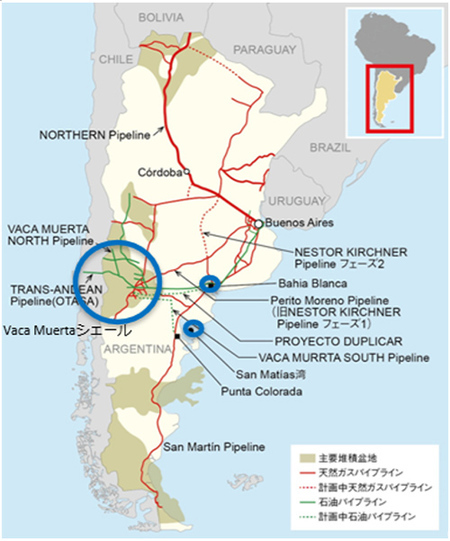 （図2）アルゼンチンの主要堆積盆地とパイプラインの図