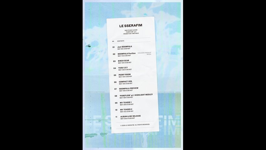 LE SSERAFIM、2nd Studio Album 'PUREFLOW' pt.1のタイトル曲名は「BOOMPALA」！プロモーションタイムテーブルを公開し多彩なコンテンツを予告！...リードシングル「CELEBRATION」は米国Billboardで「Billboard Global Excl. US」「World Digital Song Sales」チャートイン！