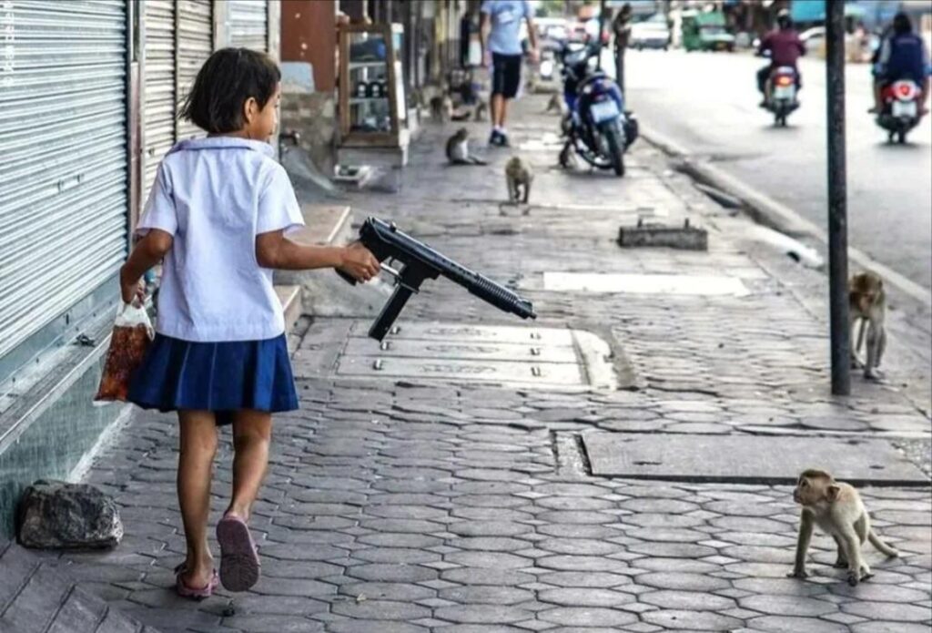 地元の猿から食べ物を守るためにエアガンを持つ少女