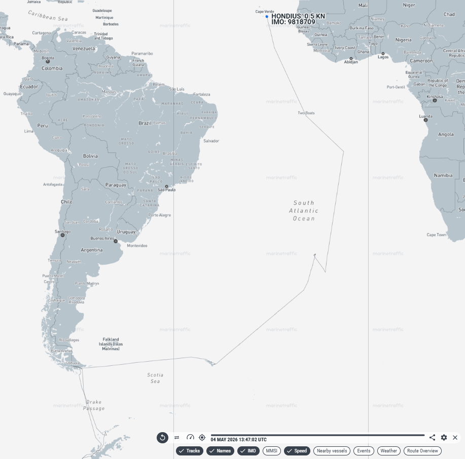 Track of the expedition cruise ship Hondius. Source: MarineTraffic