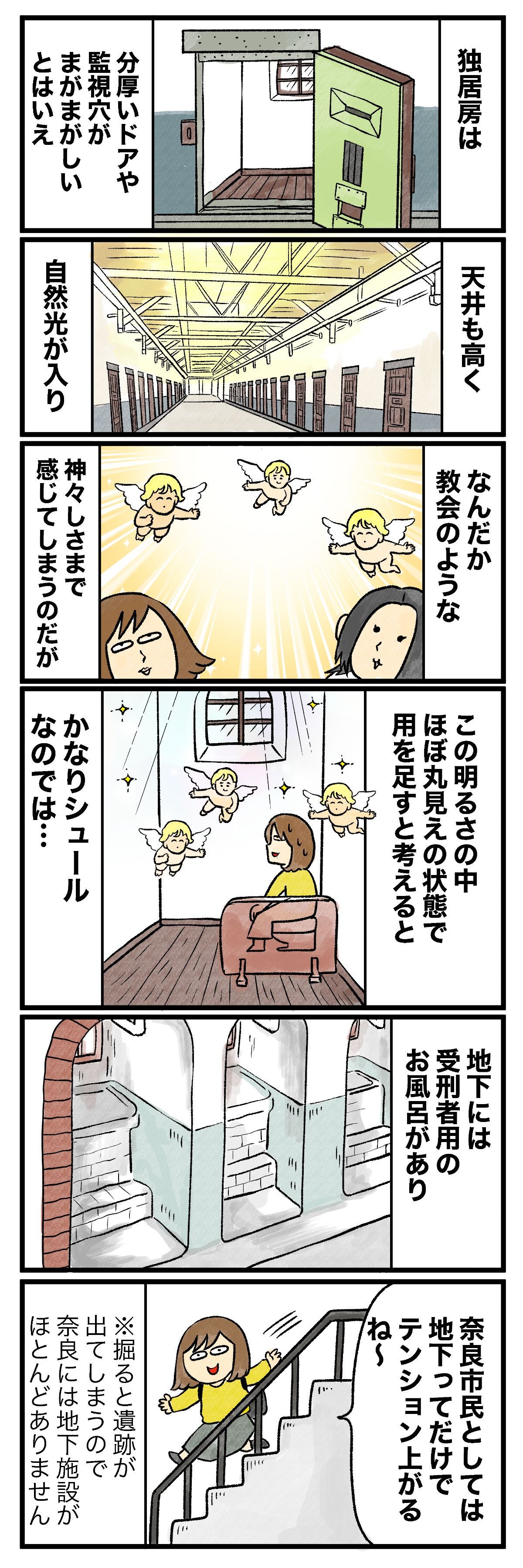 独居房は分厚いドアや監視穴がまがましいとはいえ天井も高く自然光が入りなんだか教会のような神々しさまで感じてしまうのだがこの明るさの中ほぼ丸見えの状態で用を足すと考えるとかなりシュールなのでは…地下には受刑者用のお風呂があり奈良市民としては地下ってだけでテンション上がるね〜※掘ると遺跡が出てしまうので奈良には地下施設がほとんどありません