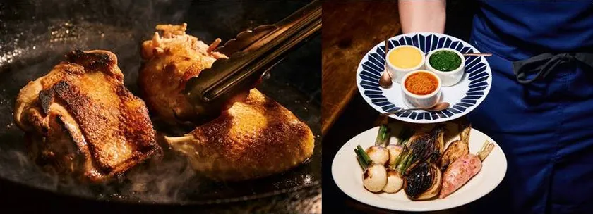 地鶏炭火焼き/無農薬焼き野菜・ソース3種類