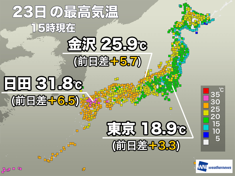 西日本で暑さ戻り九州は真夏日 東京は今日も20℃届かず