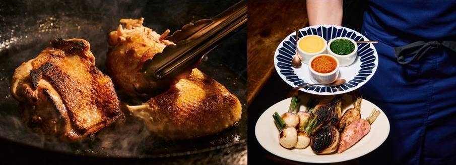 地鶏炭火焼き/無農薬焼き野菜・ソース3種類