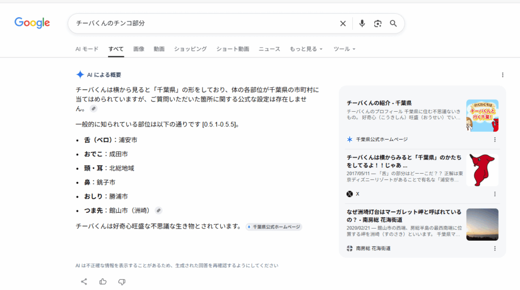 検索ワード「チーバくんのチンコ部分」→頼んでもないAIによる概要「チーバくんは横から見ると「千葉県」の形をしており、体の各部位が千葉県の市町村に当てはめられていますが、ご質問いただいた箇所に関する公式な設定は存在しません。」