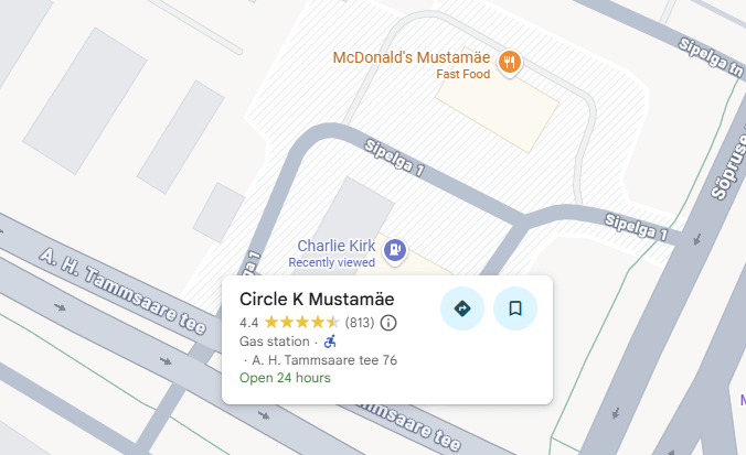 Google マップ上でムスタマエにあるガソリン スタンドの名前が何者かによって「チャーリー カーク」に変更されました