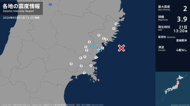 岩手県、宮城県で最大震度2の地震 岩手県・一関市、宮城県・気仙沼市