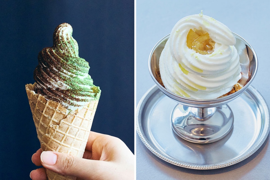 写真左から「ミルクソフトクリーム」（エスプレッソと抹茶トッピング可）（600円） 、「ミルクソフトクリームサンデー」（750円）
