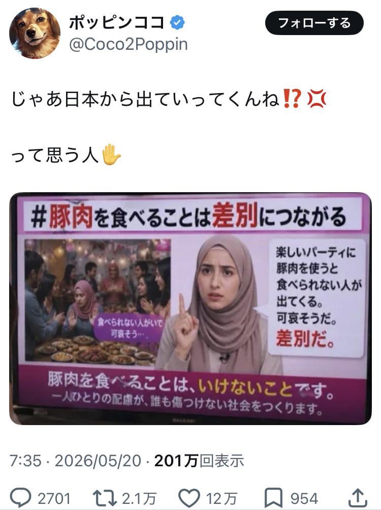 ツイッター民「イスラム女がテレビで豚肉を食べる事は差別(AI画像)と言ってる！日本から出てけ！」←12万いいね