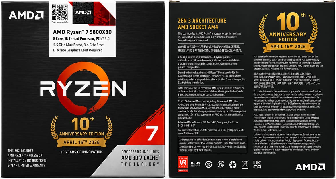 Ryzen 7 5800X3D AM4 10th Anniversary Edition パッケージ
