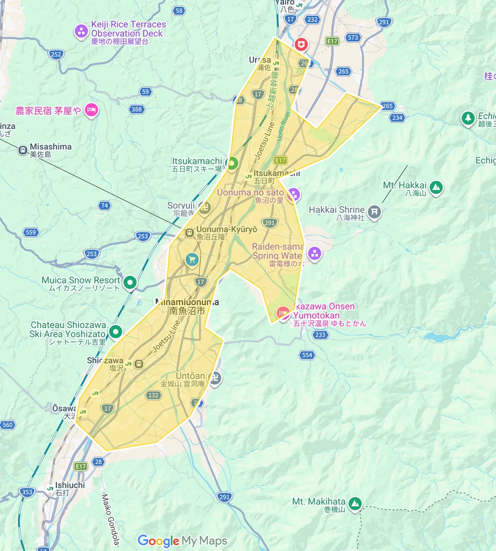 Highlighted area on a map showing the region around Minamiuonuma in Niigata Prefecture, Japan, with notable locations such as Muica Snow Resort, Chateau Shiozawa Ski Area, Kazawa Onsen Yumotokan, and Mt. Hakkai marked nearby.