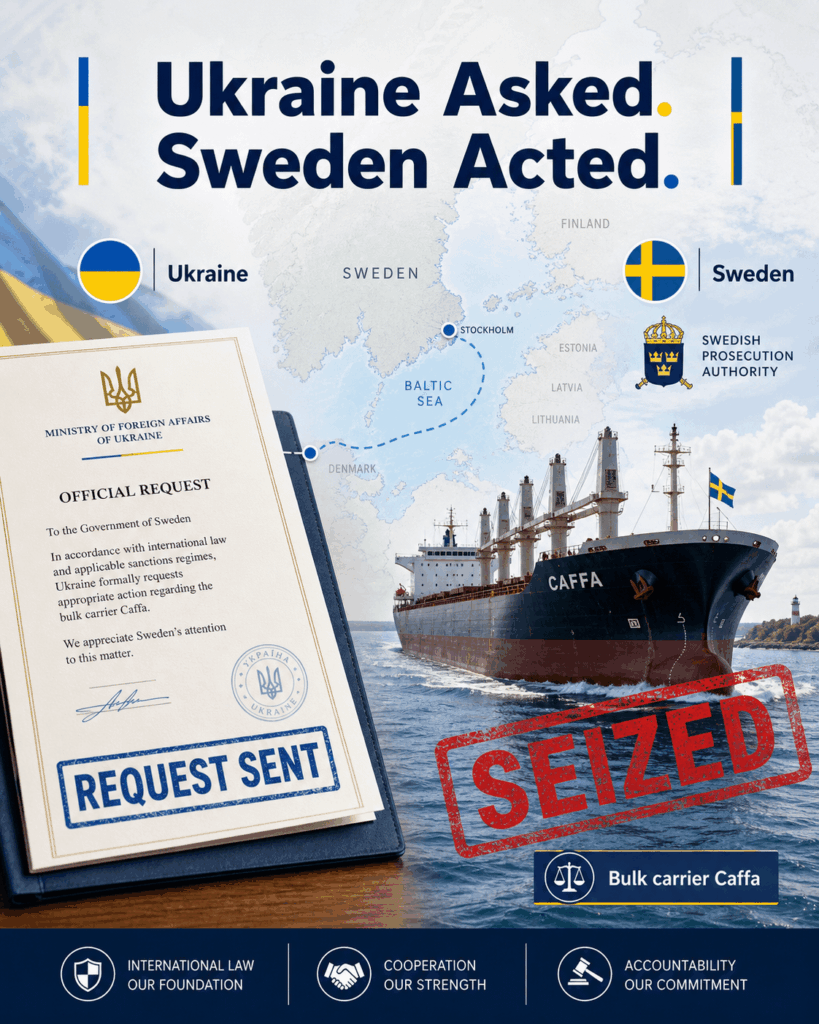 スウェーデン当局は、ウクライナがロシアの影の艦隊と関係しており、ウクライナ占領地か​​ら穀物が盗まれた疑いのあるばら積み貨物船カファ号を拿捕した。ウクライナの検事総長が措置を要請し、スウェーデンも同意したため、同船は拿捕された。