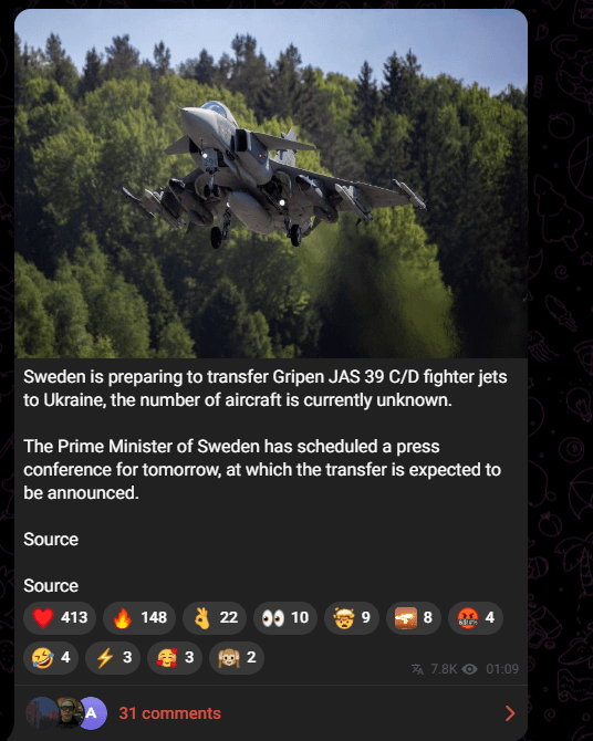 スウェーデンはJAS 39グリペンC/D戦闘機をウクライナに移管する準備を進めている。どうやらスウェーデン首相が明日記者会見を開き、詳細を発表する予定だ