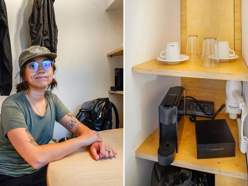 A composite image of the author sitting at a table and a nook with two shelves holding coffee essentials and a hair dryer