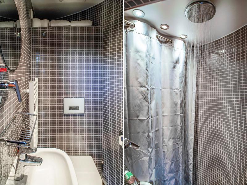 A composite image of the sink and shower in a tiny bathroom