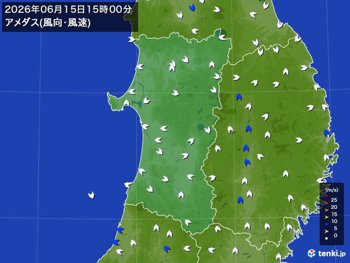 秋田県の過去のアメダス実況(2026年06月15日)(風向・風速) - 日本気象協会 tenki.jp