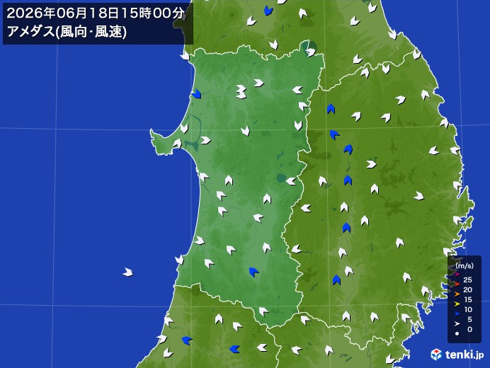 秋田県の過去のアメダス実況(2026年06月18日)(風向・風速) – 日本気象協会 tenki.jp 秋田県の過去のアメダス実況(2026年06月18日)(風向・風速) - 日本気象協会 tenki.jp