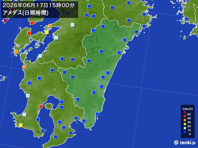 宮崎県の過去のアメダス実況(2026年06月17日)(日照時間) – 日本気象協会 tenki.jp 宮崎県の過去のアメダス実況(2026年06月17日)(日照時間) - 日本気象協会 tenki.jp