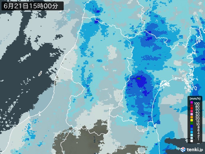 山形県の雨雲レーダー(2026年06月21日)