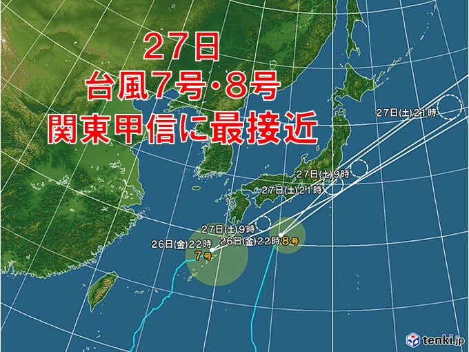 27日に台風8号と台風7号に関東甲信に最接近