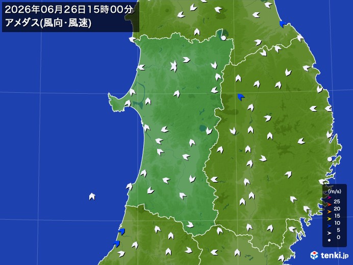 秋田県の過去のアメダス実況(2026年06月26日)(風向・風速) - 日本気象協会 tenki.jp