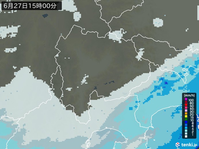 山梨県の雨雲レーダー(2026年06月27日)