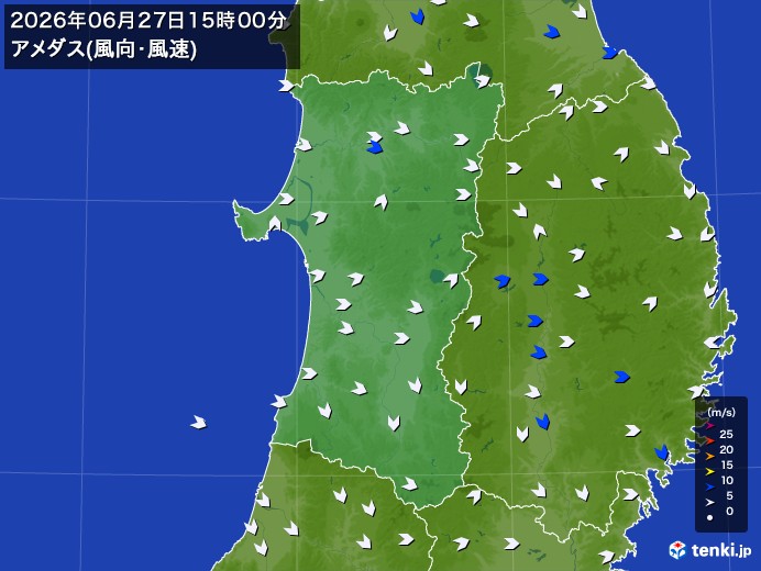 秋田県の過去のアメダス実況(2026年06月27日)(風向・風速) - 日本気象協会 tenki.jp