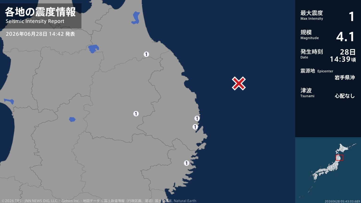 青森県、岩手県で最大震度1の地震　青森県・八戸市、岩手県・宮古市、釜石市、盛岡市（TBS NEWS DIG Powered by JNN）
