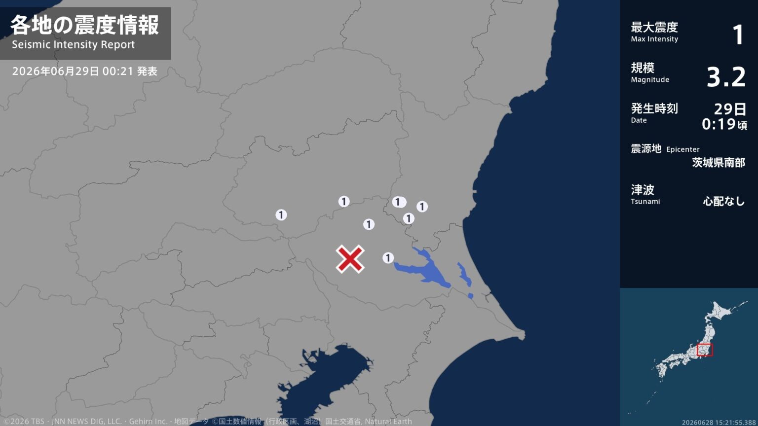 茨城県、栃木県で最大震度1の地震　茨城県・水戸市、笠間市、土浦市、桜川市、栃木県・栃木市、真岡市（TBS NEWS DIG Powered by JNN）