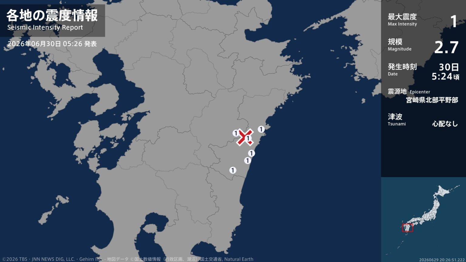 宮崎県で最大震度1の地震 宮崎県・日向市、西都市、川南町、宮崎都農町、門川町、宮崎美郷町(TBS NEWS DIG Powered by JNN) 宮崎県で最大震度1の地震 宮崎県・日向市、西都市、川南町、宮崎都農町、門川町、宮崎美郷町(TBS NEWS DIG Powered by JNN)