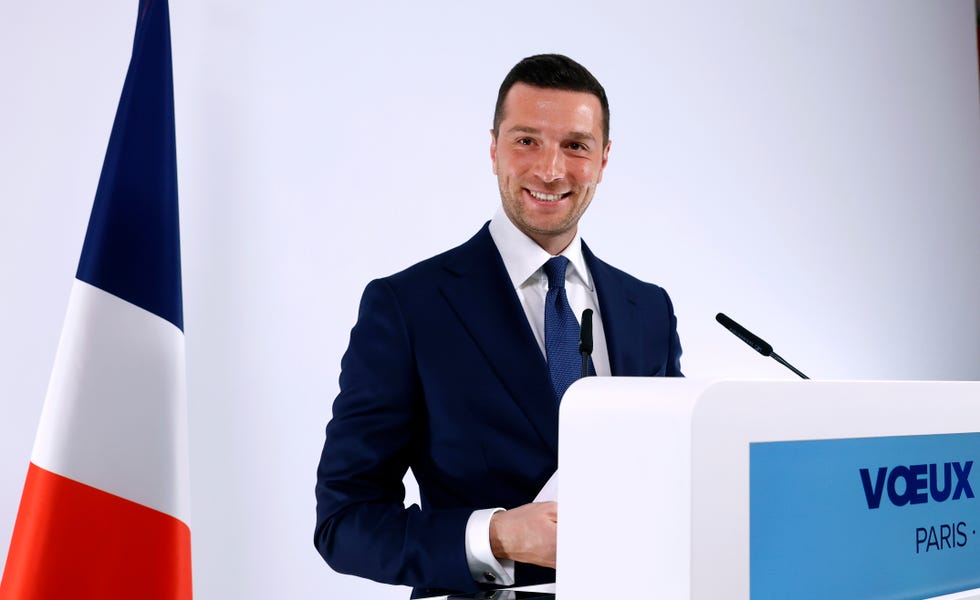 jordan bardella, president of national rally party, holds new year press conference