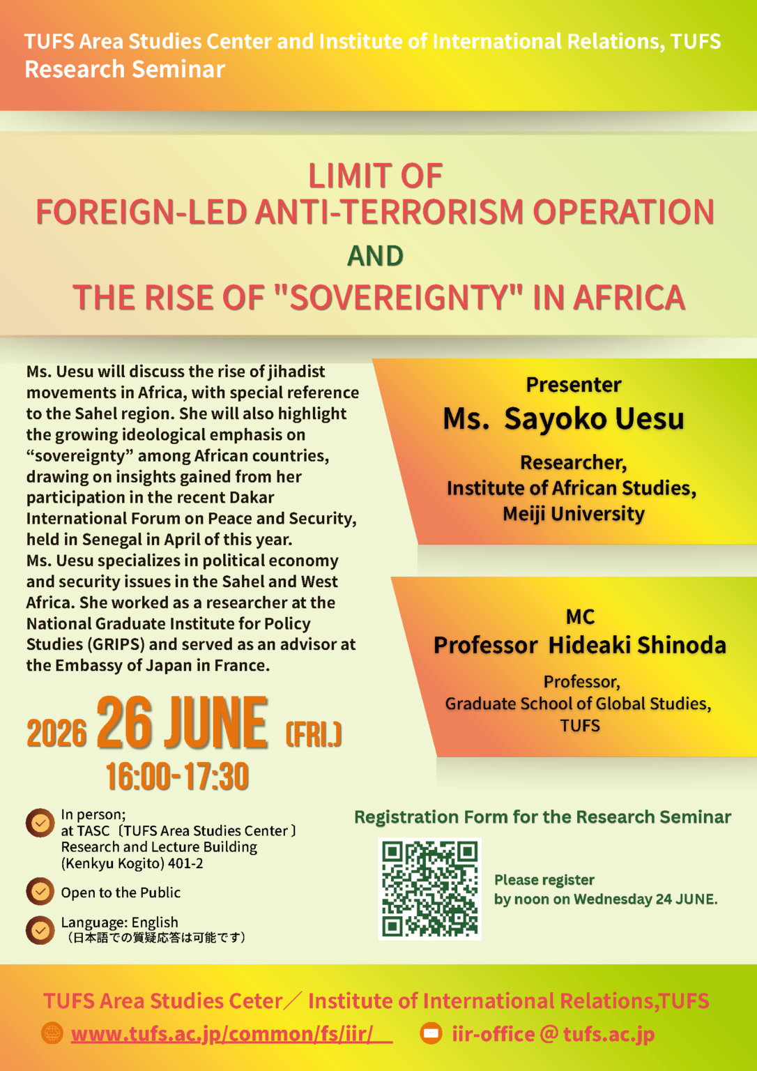 【研究会のお知らせ】LIMIT OF FOREIGN-LED ANTI-TERRORISM OPERATION AND THE RISE OF “SOVEREIGNTY” IN AFRICA|現代アフリカ地域研究センター公式ホームページ 【研究会のお知らせ】LIMIT OF FOREIGN-LED ANTI-TERRORISM OPERATION AND THE RISE OF "SOVEREIGNTY" IN AFRICA|現代アフリカ地域研究センター公式ホームページ