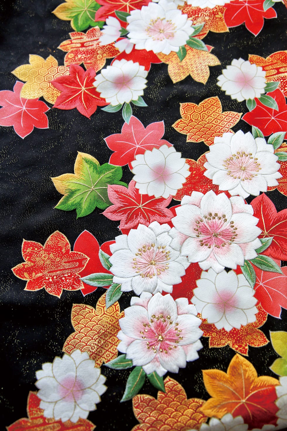 traditional japanese fabric with floral and leaf patterns