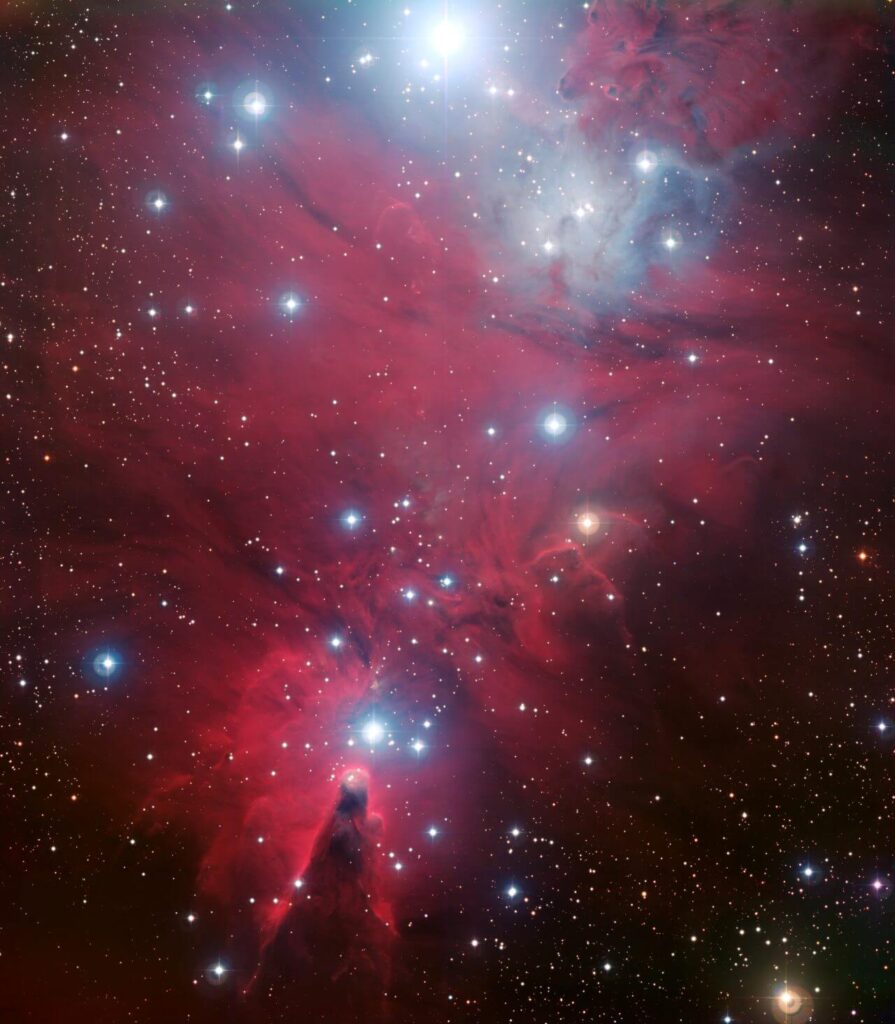 青と赤のコントラストが美しい領域 “クリスマスツリー星団”として知られる「NGC 2264」 MPG/ESO 2.2m望遠鏡で観測した星形成領域「NGC 2264」(Credit: ESO)
