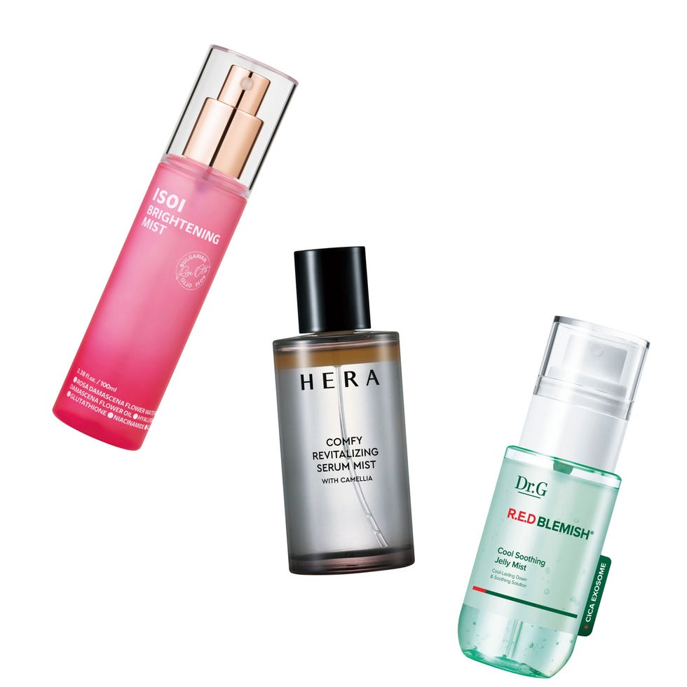 three different skincare mist products arranged together