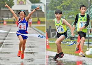 【男子(写真右)】アスリートクラブ東北Aの5区・土橋(右)からたすきを受けて走り出すアンカー・山田【女子(同左)】両腕を広げてゴールする七戸柏葉アスリートのアンカー・小原