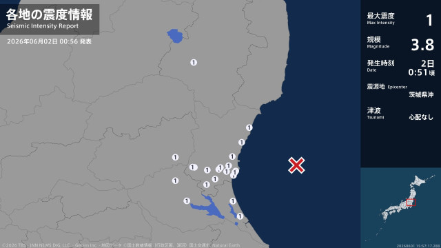 福島県、茨城県、栃木県で最大震度1の地震 福島県・天栄村、茨城県・水戸市、日立市、高萩市、笠間市