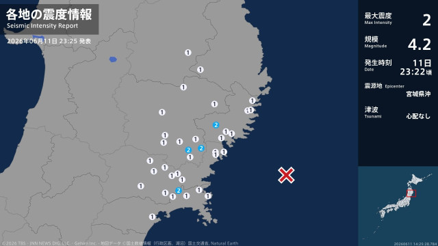 岩手県、宮城県で最大震度2の地震 岩手県・住田町、一関市、宮城県・石巻市