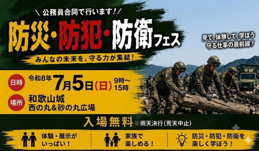 防災・防犯・防衛フェス2026 in 和歌山城 自衛隊和歌山地方協力本部|2026年7月5日(日)|陸自調査団 防災・防犯・防衛フェス2026 in 和歌山城 自衛隊和歌山地方協力本部|2026年7月5日(日)|陸自調査団