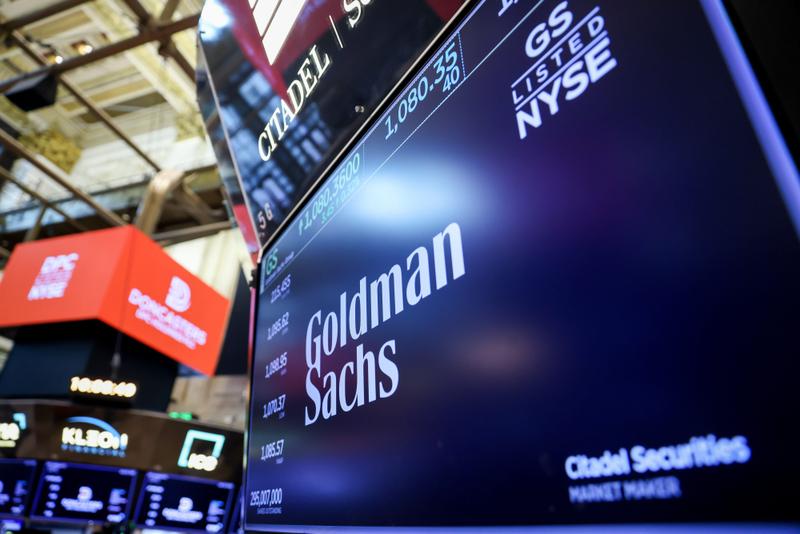A Goldman Sachs logo on a screen at the New York Stock Exchange.