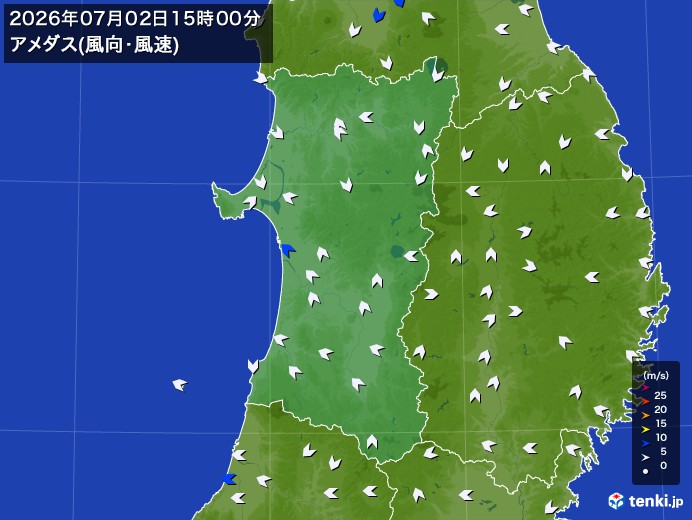秋田県の過去のアメダス実況(2026年07月02日)(風向・風速) - 日本気象協会 tenki.jp