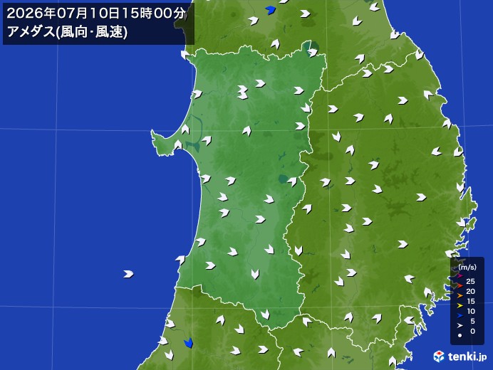 秋田県の過去のアメダス実況(2026年07月10日)(風向・風速) – 日本気象協会 tenki.jp 秋田県の過去のアメダス実況(2026年07月10日)(風向・風速) - 日本気象協会 tenki.jp