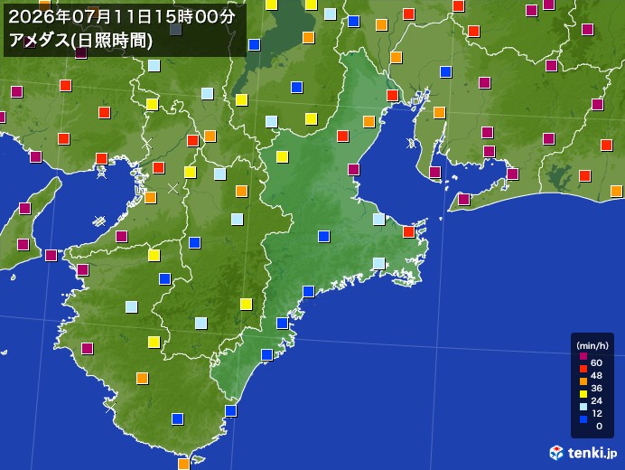 三重県の過去のアメダス実況(2026年07月11日)(日照時間) – 日本気象協会 tenki.jp 三重県の過去のアメダス実況(2026年07月11日)(日照時間) - 日本気象協会 tenki.jp