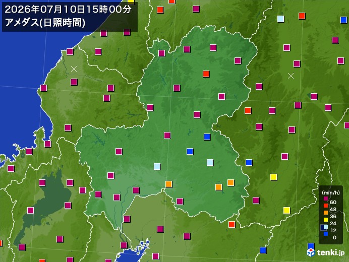 岐阜県の過去のアメダス実況(2026年07月10日)(日照時間) - 日本気象協会 tenki.jp