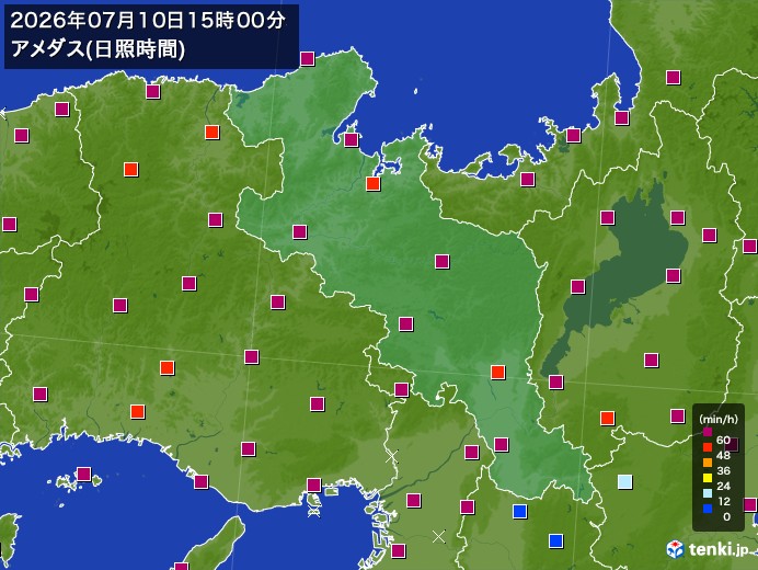 京都府の過去のアメダス実況(2026年07月10日)(日照時間) - 日本気象協会 tenki.jp