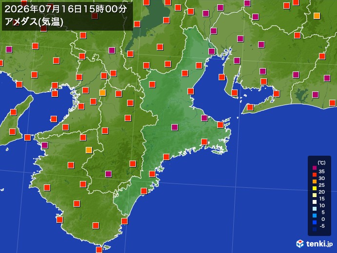 三重県の過去のアメダス実況(2026年07月16日)(気温) – 日本気象協会 tenki.jp 三重県の過去のアメダス実況(2026年07月16日)(気温) - 日本気象協会 tenki.jp