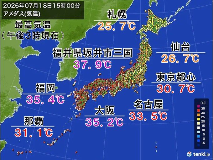 今日18日も九州から北陸では広く猛暑日に