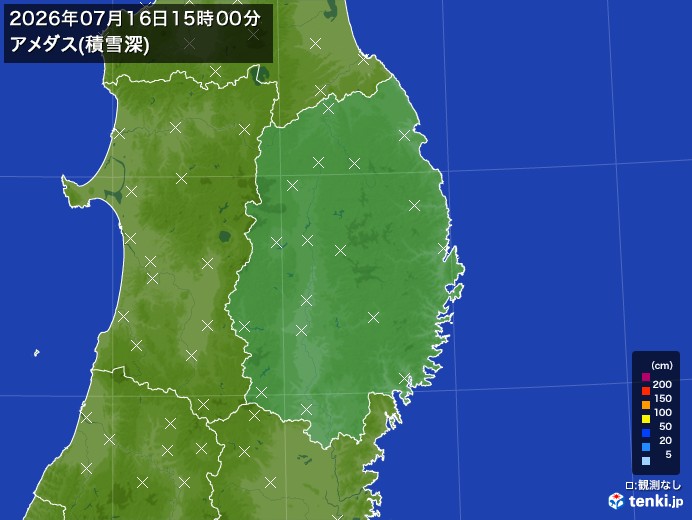 岩手県の過去のアメダス実況(2026年07月16日)(積雪深) – 日本気象協会 tenki.jp 岩手県の過去のアメダス実況(2026年07月16日)(積雪深) - 日本気象協会 tenki.jp