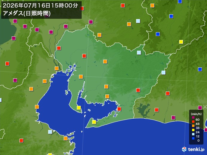 愛知県の過去のアメダス実況(2026年07月16日)(日照時間) – 日本気象協会 tenki.jp 愛知県の過去のアメダス実況(2026年07月16日)(日照時間) - 日本気象協会 tenki.jp