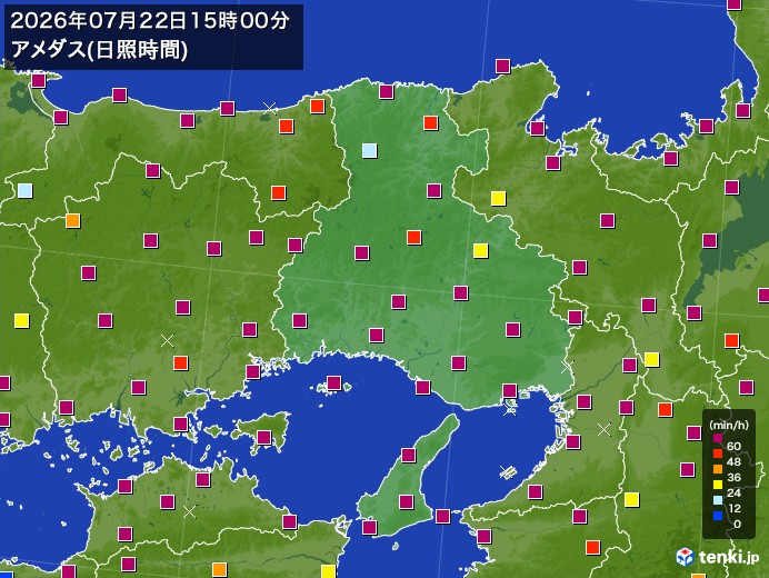 兵庫県の過去のアメダス実況(2026年07月22日)(日照時間) – 日本気象協会 tenki.jp 兵庫県の過去のアメダス実況(2026年07月22日)(日照時間) - 日本気象協会 tenki.jp